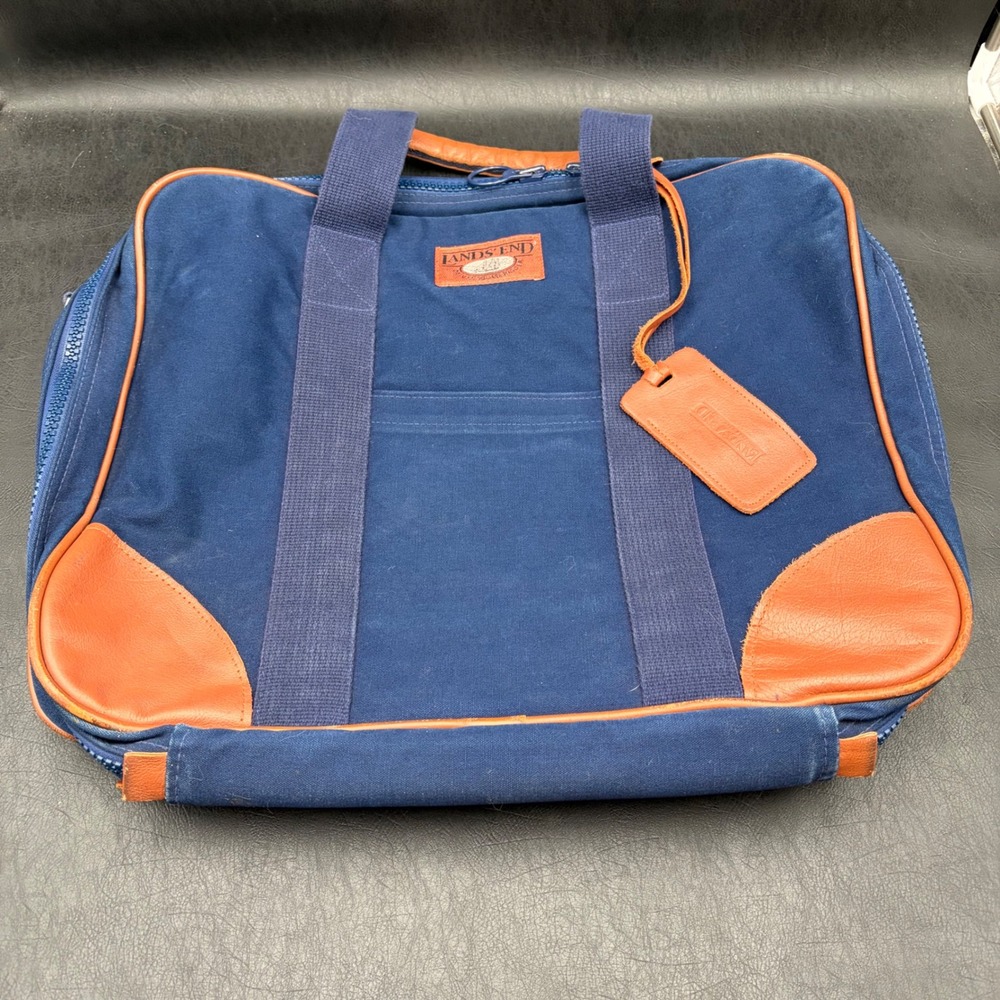 Vintage Lands End Deluxe Square Rigger Navy Blue Canvas Leather Briefcase Bag